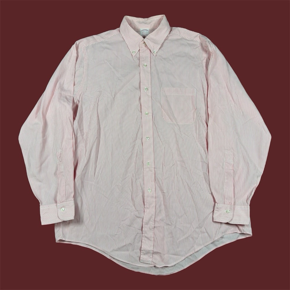 VTG Brooks Brothers Makers Button Up Shirt Mens 16.5-4 Pink White Stripe USA